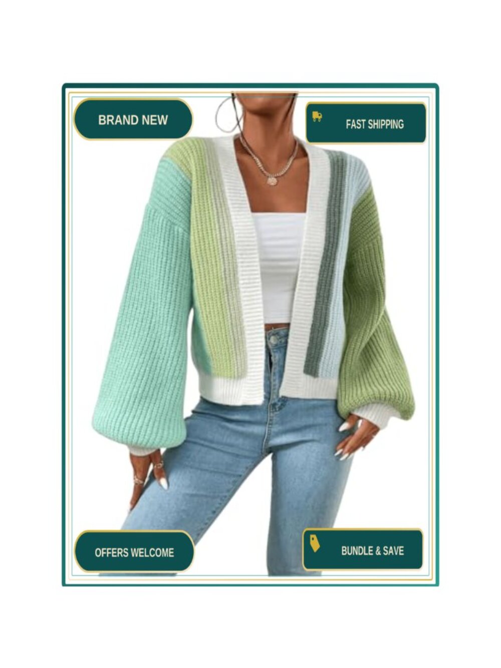 Cropped Color Block Open Front Ribbed Knit Cardigan Long Sleeve - Picture 1 of 6